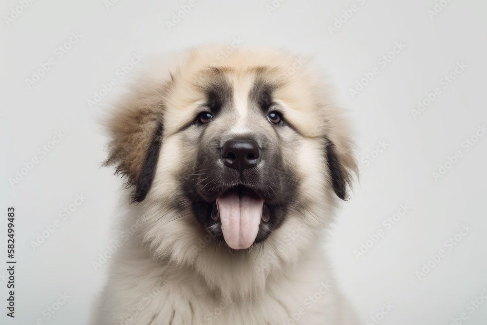 White backdrop, close up image of a Caucasian Shepherd puppy. Generative AI