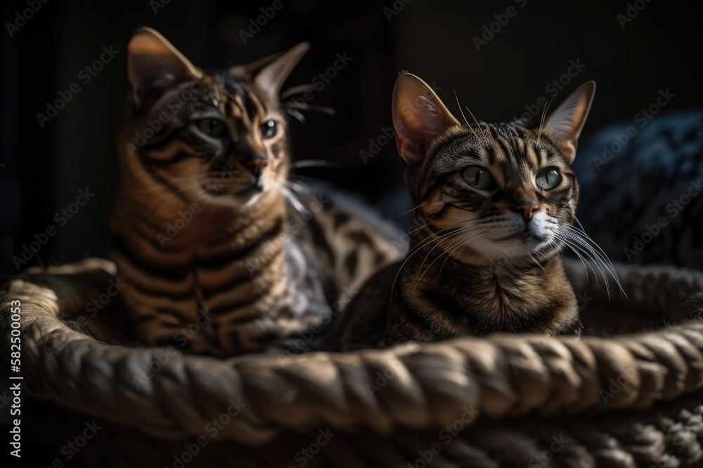 Cat and Bengal cat share a bed. Generative AI