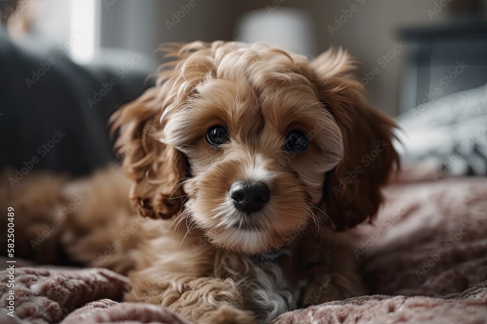 Cavapoo. A cute puppy lying on a bed of fur in a domestic setting. A content puppy at home. Generati