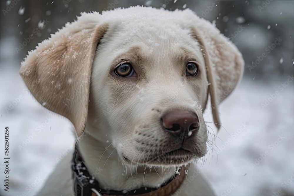 a little, adorable labrador puppy in white snow. Generative AI