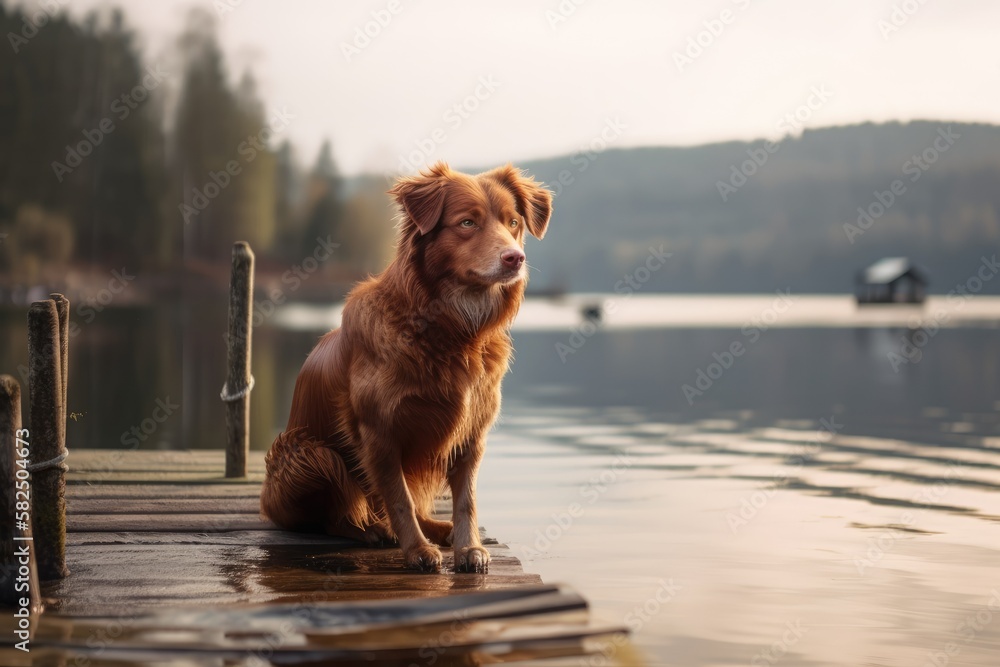 dog In Mountain Lake, a Nova Scotia Duck Tolling Retriever. early morning scene with a pet. Generati