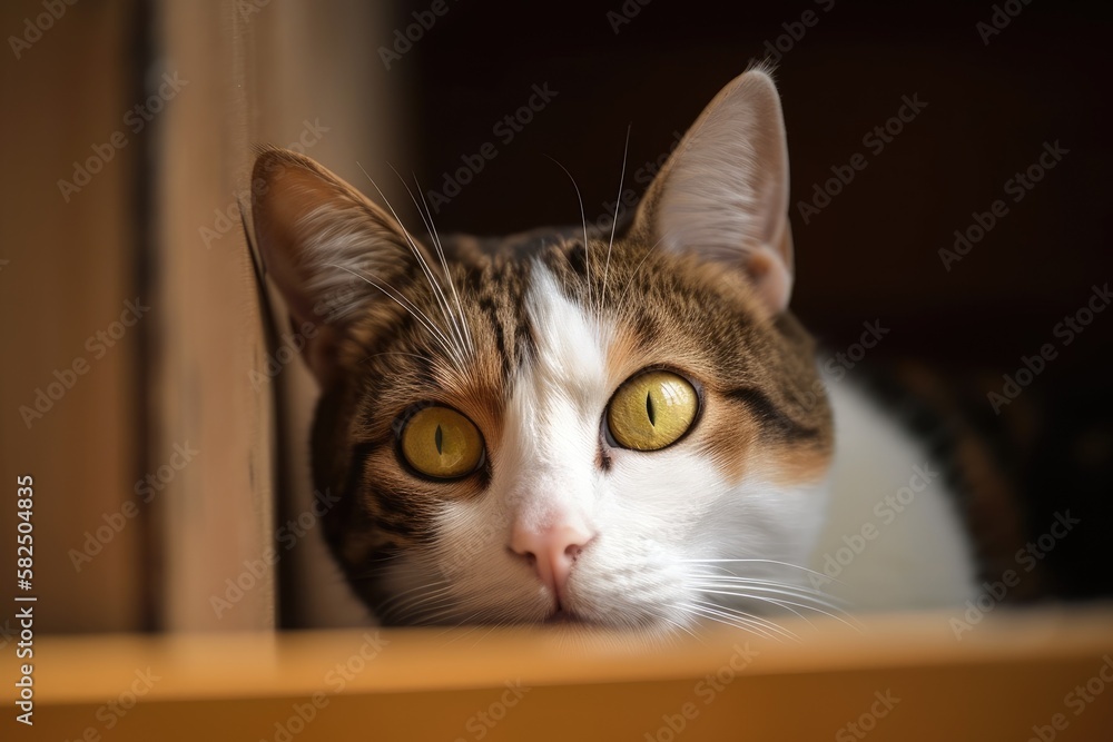 close up. A brown and white cat with yellow eyes is curled up on a wooden box. Generative AI