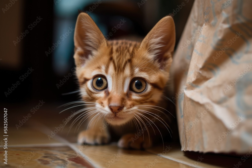 Playing with paper on the floor is a striped kitty. Generative AI