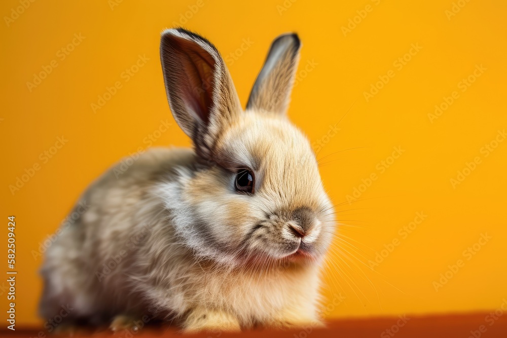 On a yellow background, a cute baby bunny. Young and adorable bunny in motion. Beautiful pet with a 