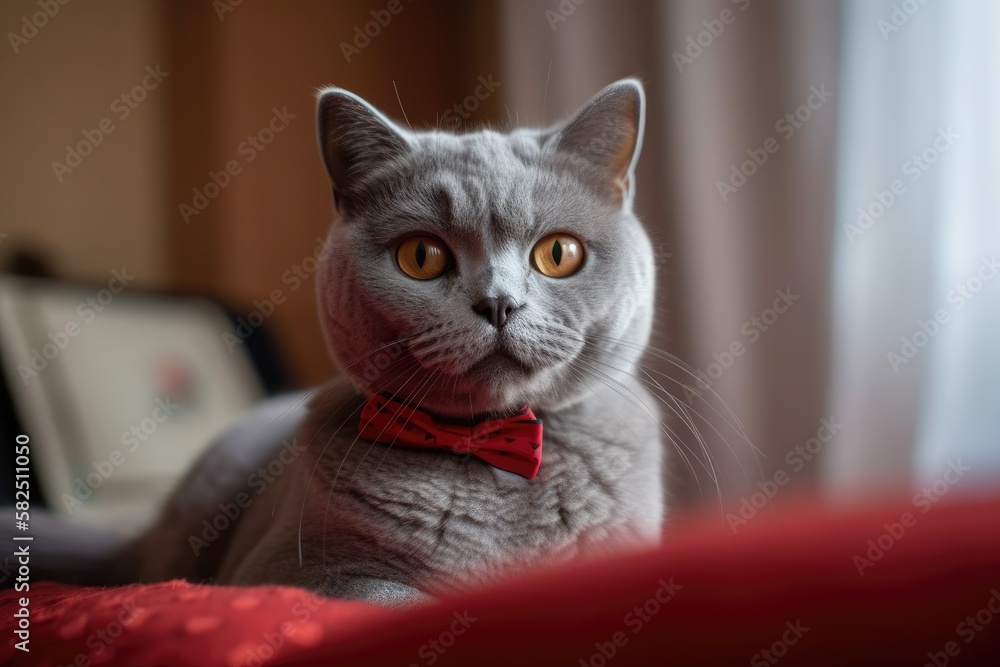 attractive gray short haired British cat with a red bow. Generative AI