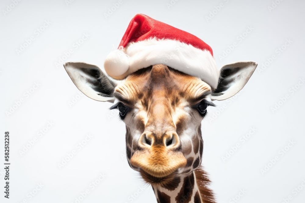 Funny image of a giraffe head wearing a Santa hat on a white background. Generative AI