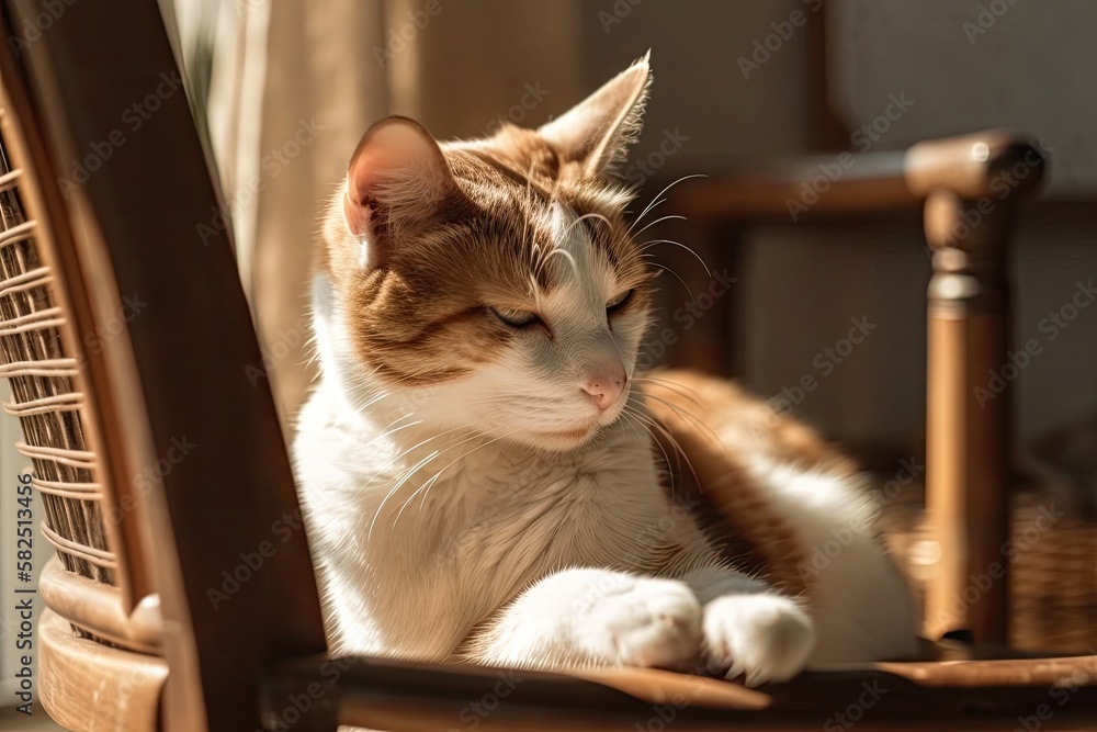 Cat snoozing in the sun on a chair. Generative AI