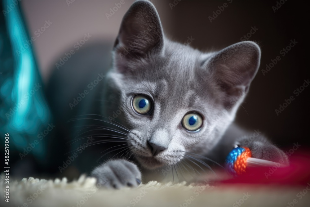 A stunning kitten in Russian blue playing with a toy mouse. Generative AI