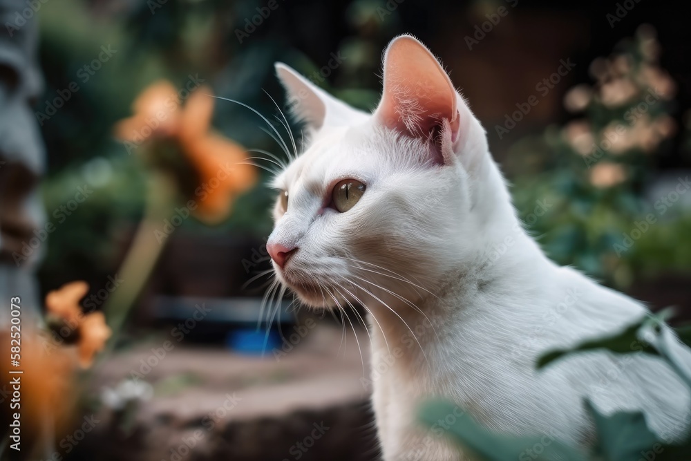 Khaomanee, a white Thai cat, is having fun in the garden. Generative AI