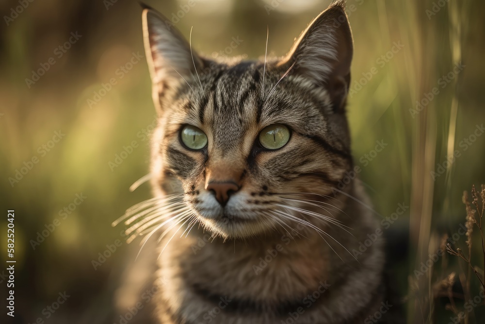 dawn light, a close up of a tabby cats face, and a blurred background. Generative AI