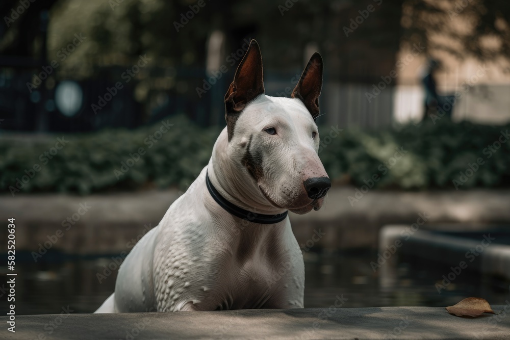 Dog sitting in the park is an English bull terrier. Generative AI