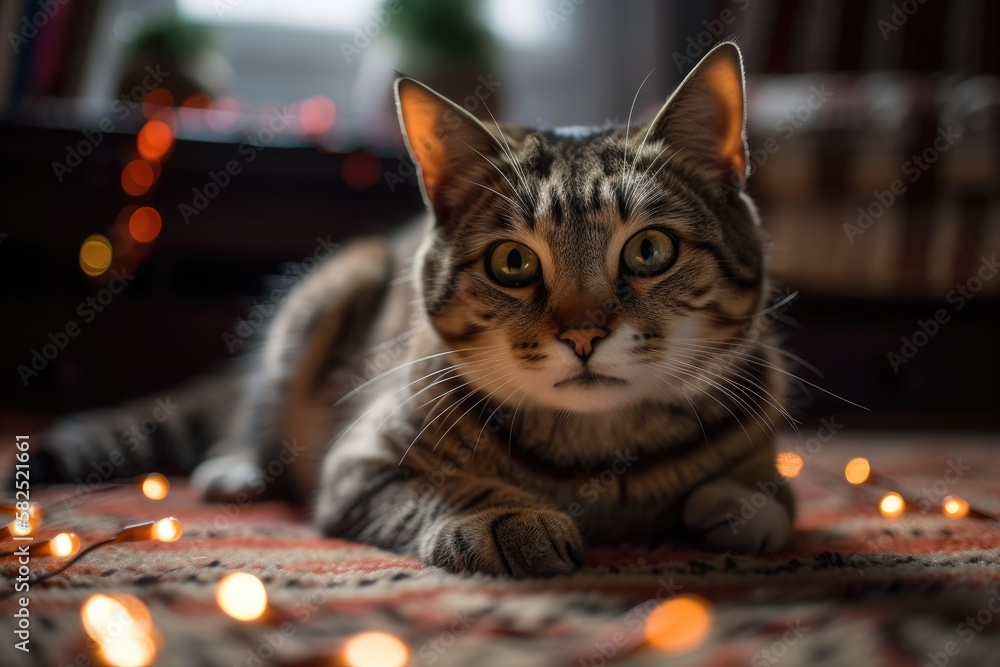 Cat Scotch Fold is lying on the carpet with garlands in the background. Generative AI