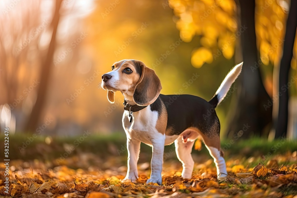 On a stroll around the city park is a bright beagle puppy. A tricolored Beagle pup is admiring a ser