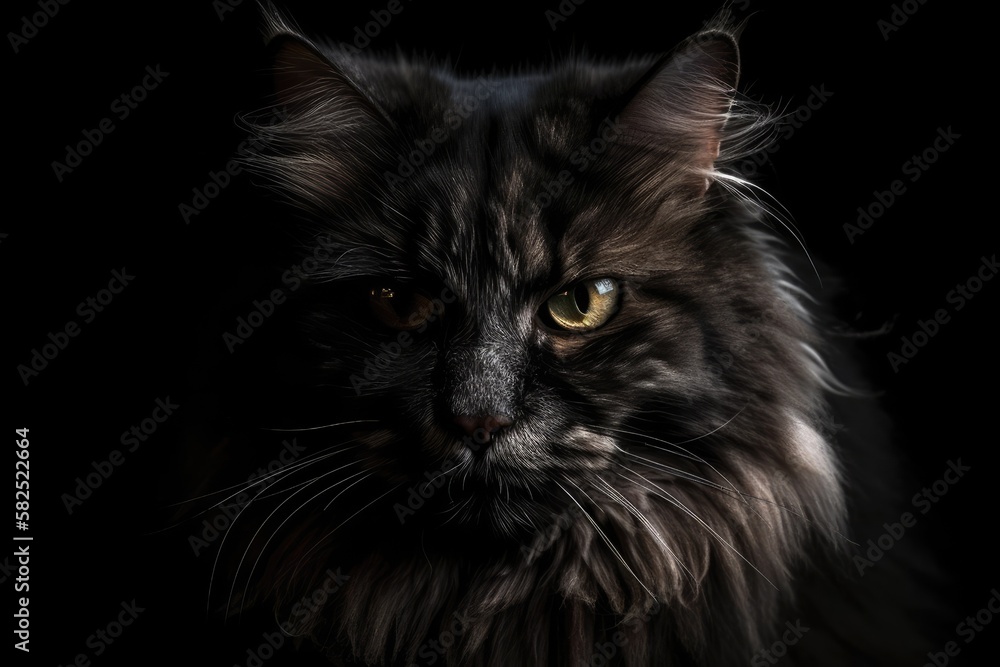 Cat in black, portrait of a cat against a black background. Generative AI