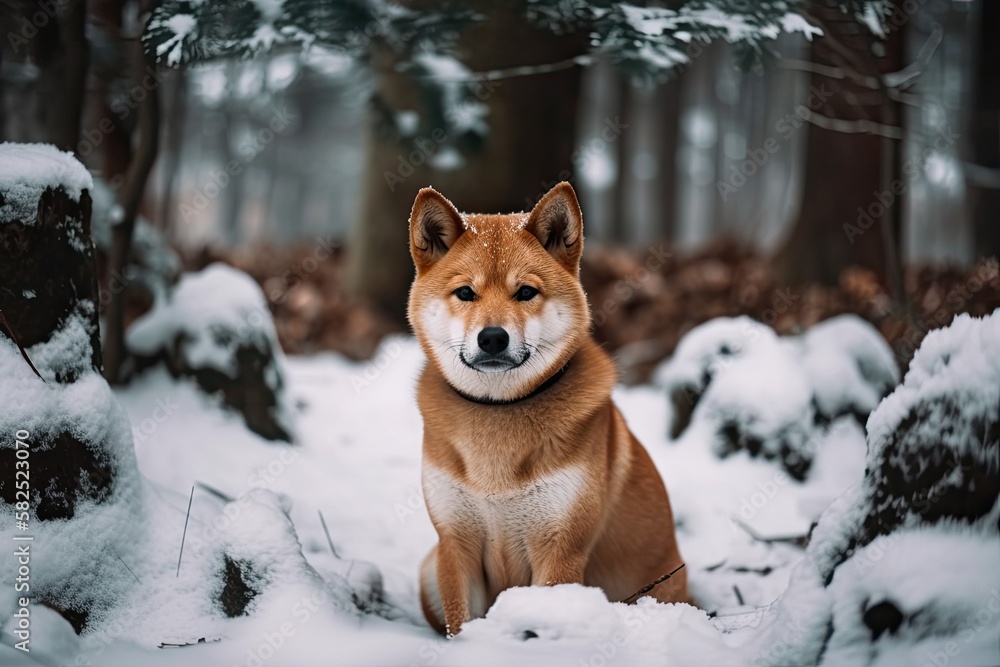 Picture of a cute and cheerful shiba inu puppy stacking in the winter woodland. Adorable young femal