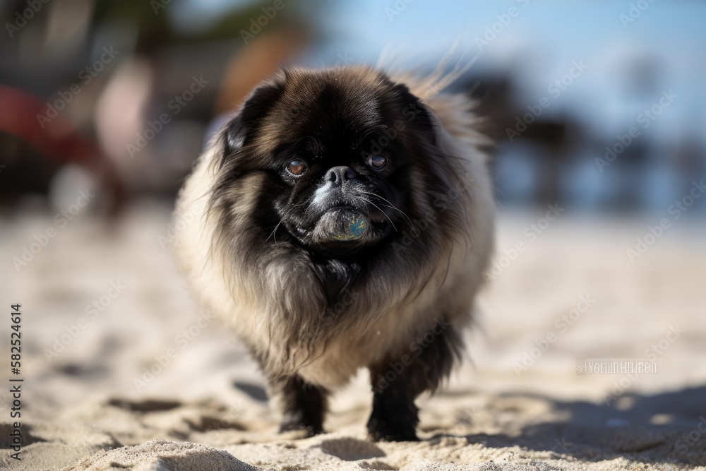 Standing on a sandy beach with a ball is a Pekingese dog. Generative AI