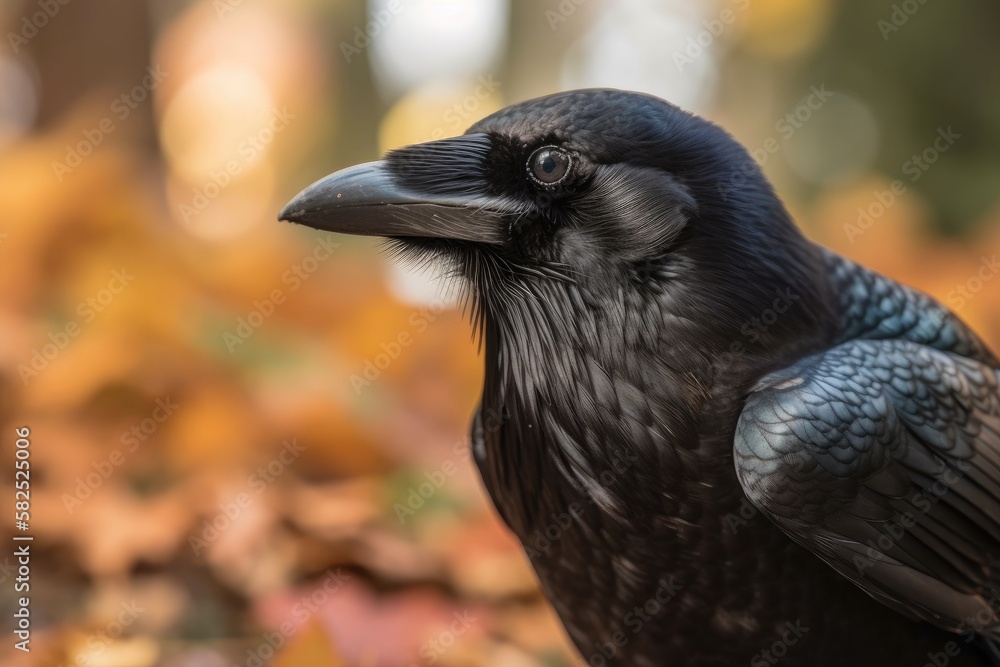 Close up of an urban crow at a park in the fall. Generative AI