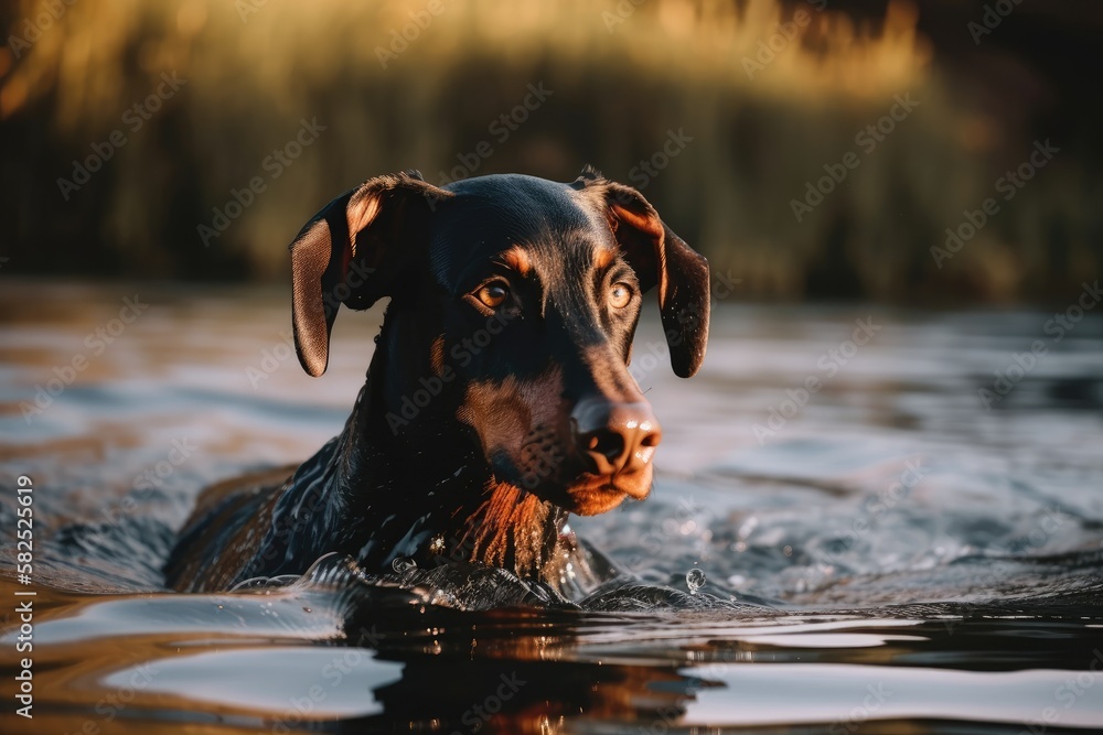 pleased handsome Doberman Dog swims and plays in the lake while near the water. Generative AI