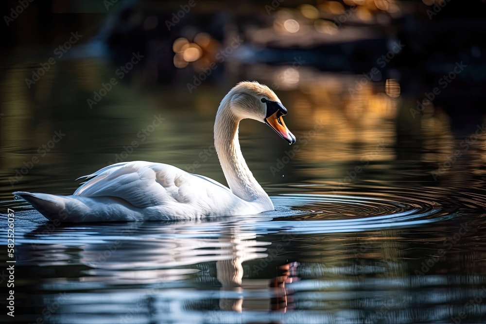 a graceful white swan bird swimming on water that is blue and reflective. Generative AI