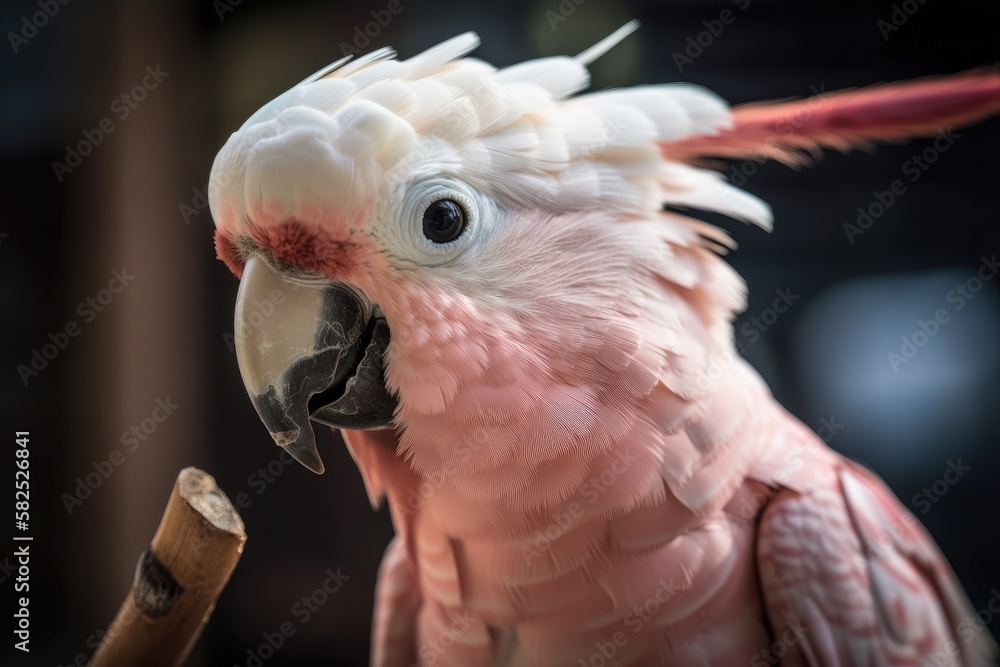 A pink cockatoo playing with a stick has a fractured beak. Generative AI