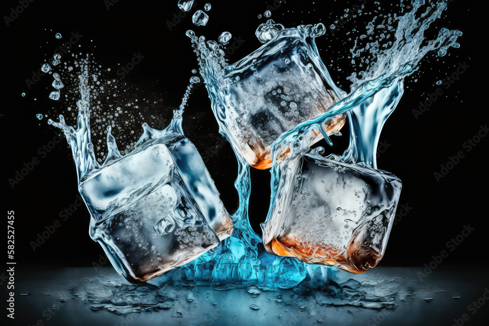 Ice Cubes Fall In Cold Water With Splash - Refreshment Concept (ai generated)