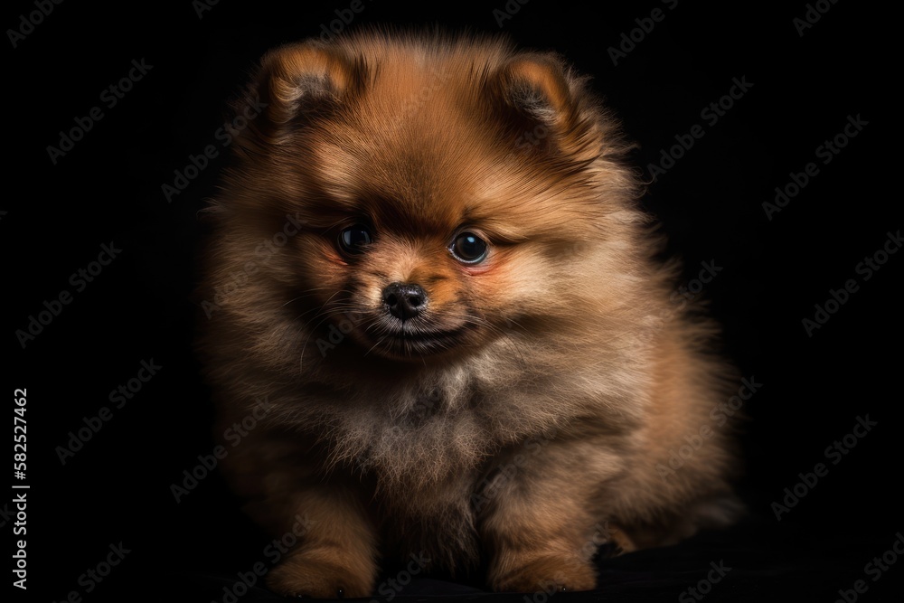 Puppy Pomeranian on a dark background. Generative AI