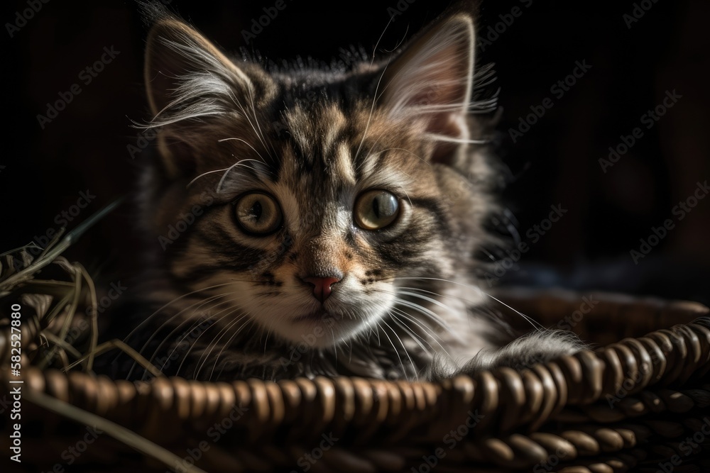 A cute kitten rests in a wicker basket. Generative AI