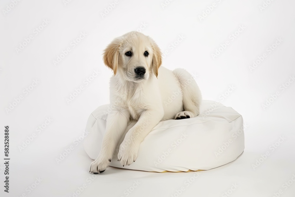 A white background with a purebred dog seated on a white pouf. Isolated on white, a cute puppy. Cani