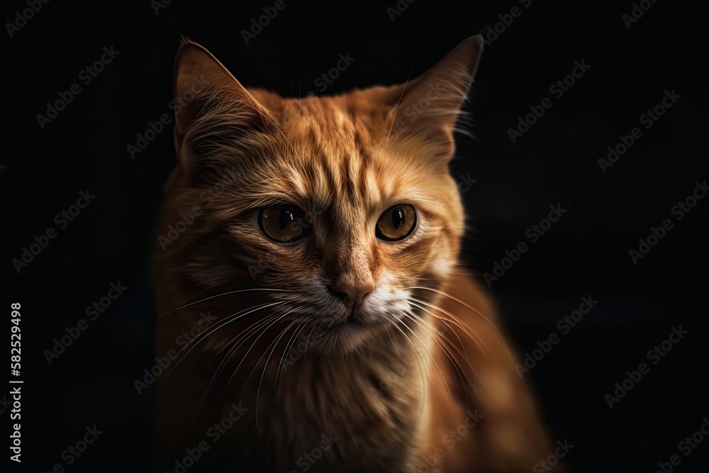 Domesticated red cat in a dimly lit, dark space. Generative AI