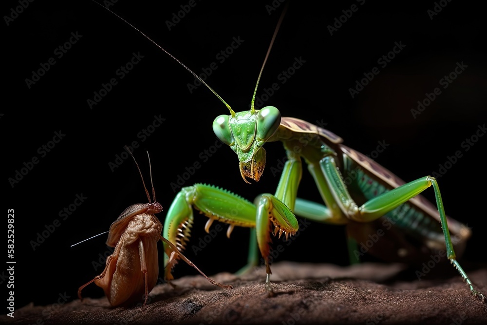 European mantis and lonely praying mantis. Generative AI