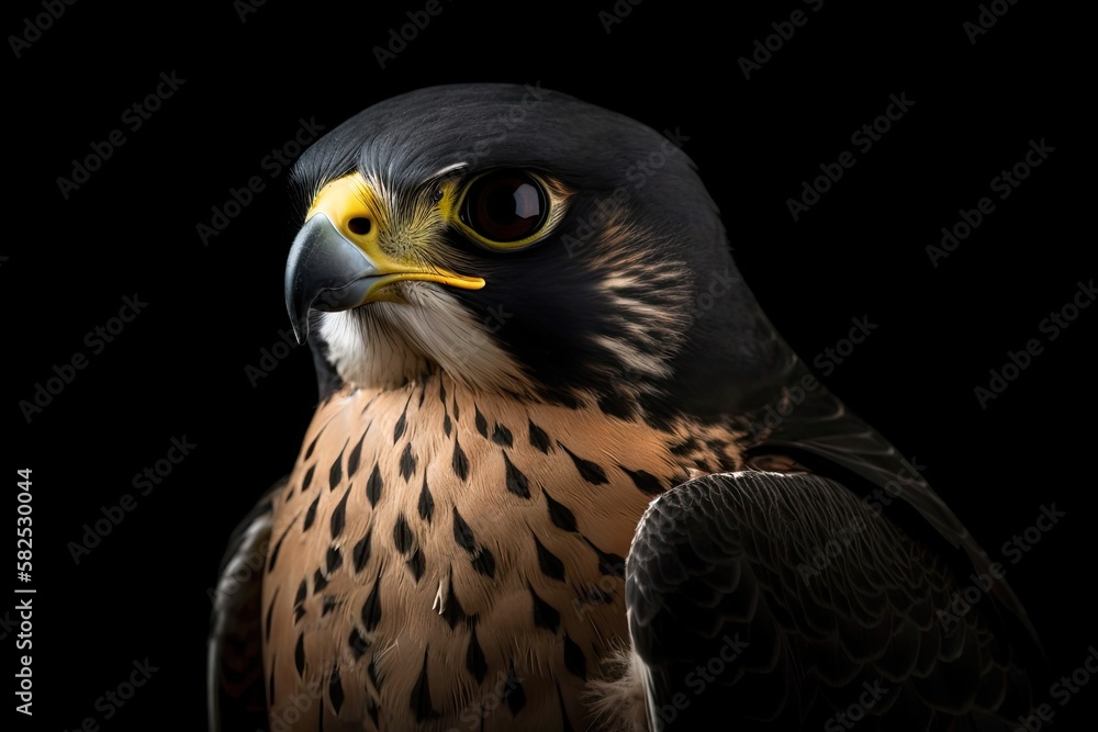 Black background with a falcon bird raptor. The peregrine falcon is renowned for its quick dives whi