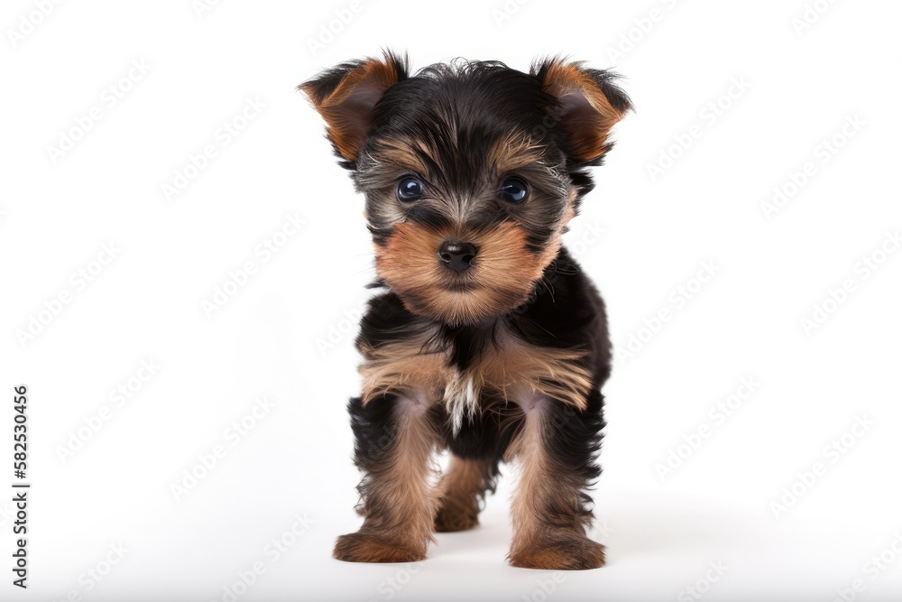 Adorable Yorkshire terrier puppy standing on a white background; puppy isolated on white background;