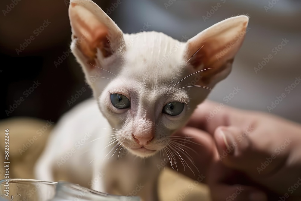 A woman feeds a little oriental kitten milk. Generative AI