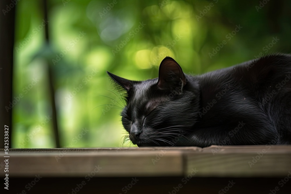 a black cat sleeping on the porch between two forests. Generative AI