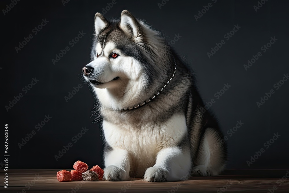 A breed of dog is depicted. Observing a treat is an Alaskan Malamute. Generative AI