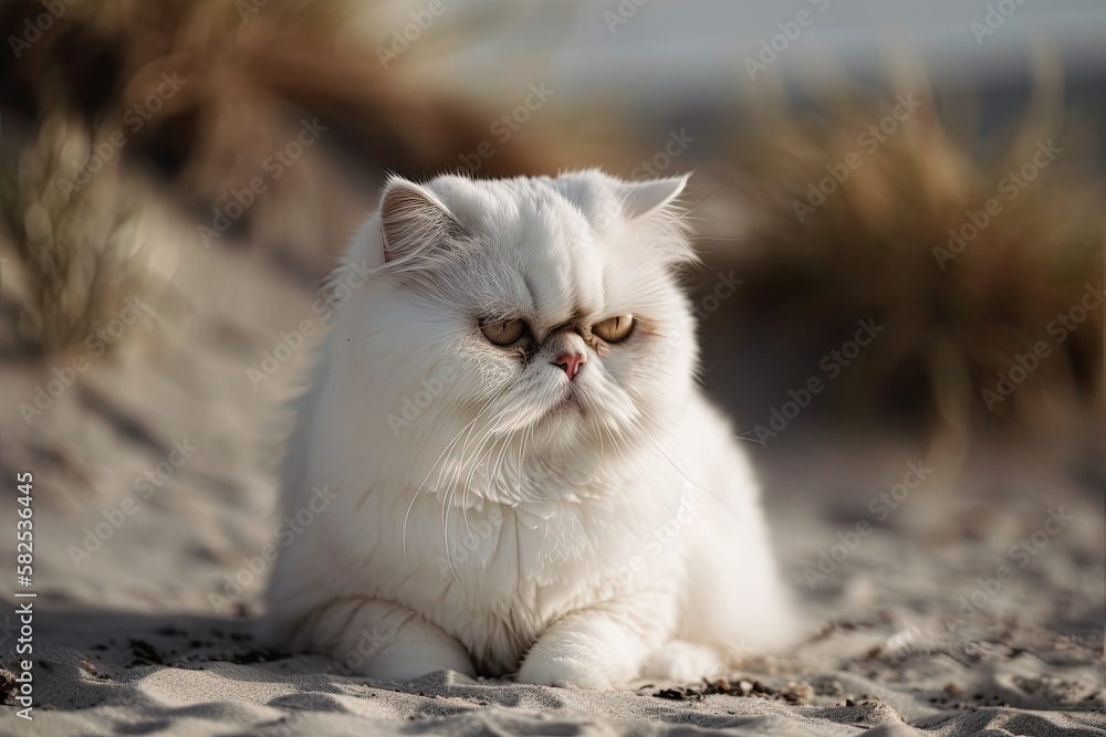 On the sand, a white exotic shorthair cat. Generative AI