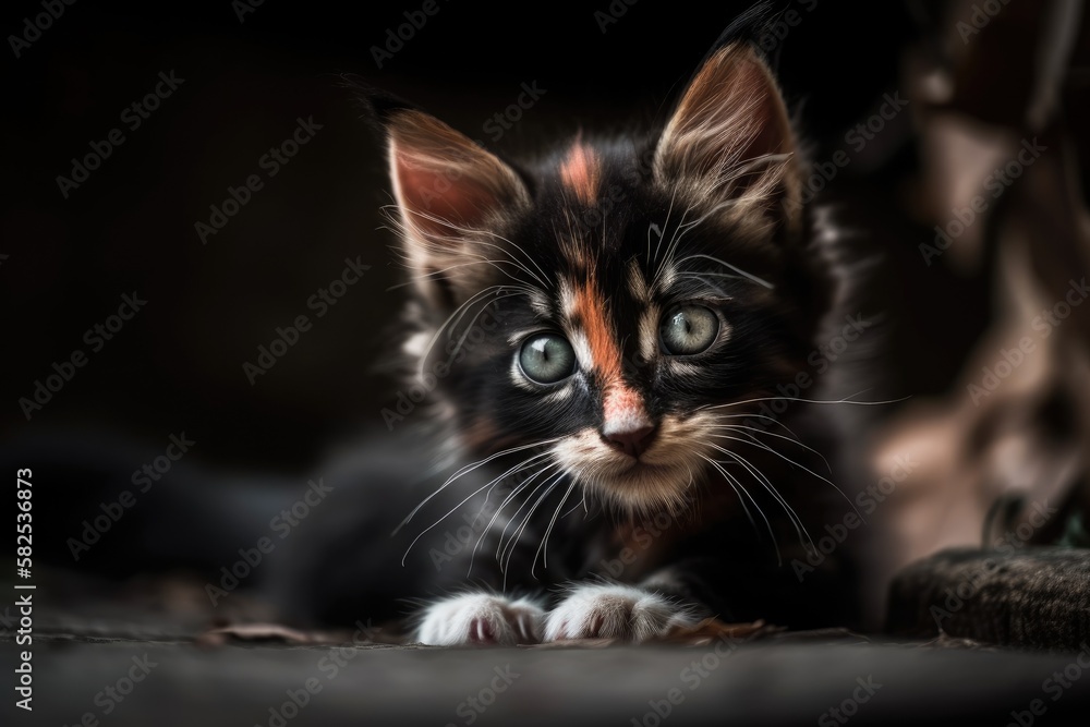 a close up shot of a black and red kitten. Generative AI