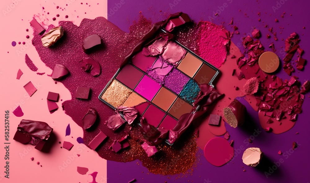  a pink and purple makeup palette on a pink and purple background with broken pieces of lipstick and