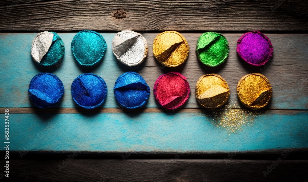  a group of colorful candies sitting on top of a blue table next to a wooden table top with a wooden