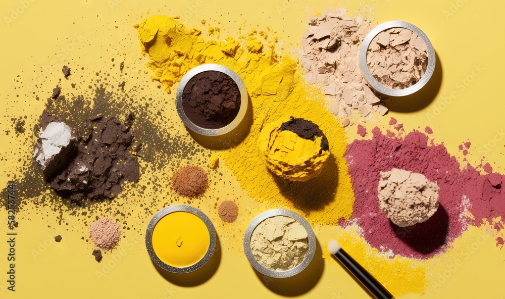  a group of different colored powders on a yellow surface with a brush and two bowls of powders on t