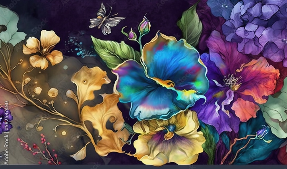  a painting of flowers and butterflies on a purple background with a black border around the edges o