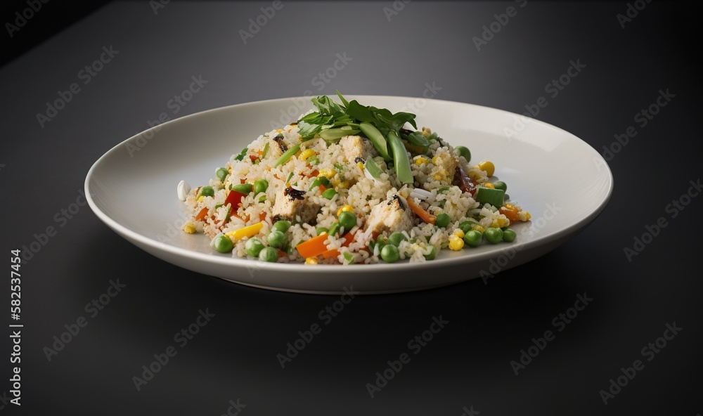  a white plate topped with rice and veggies on top of a black tablecloth covered table top with a bl