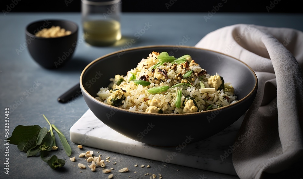  a bowl of rice and vegetables on a napkin next to a glass of green juice and a spoon on a marble su