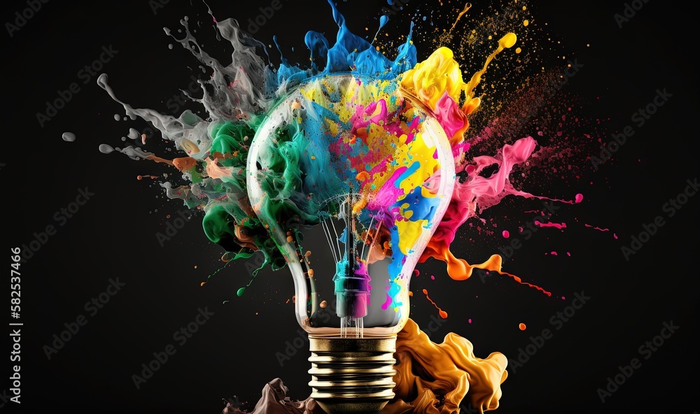  a colorful light bulb with paint splattered all over its sides and sides, with a black background 