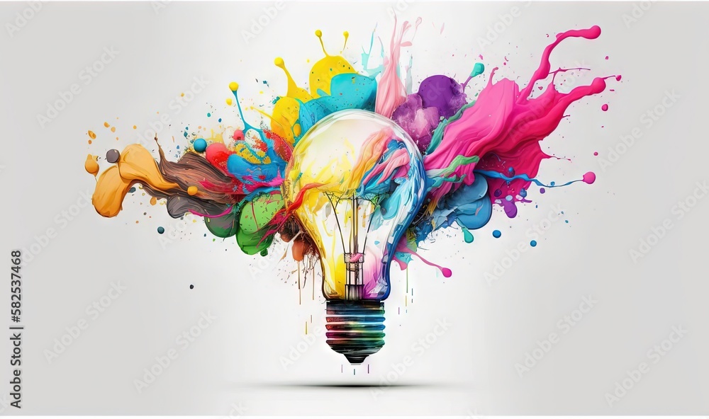  a colorful light bulb with paint splatters on its side and the light bulb is turned on and turned 