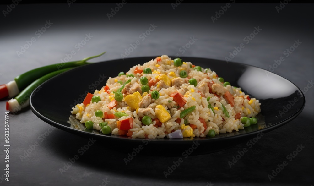  a plate of rice with peas, carrots, and celery on a black plate next to a green pea and a spoon.  g