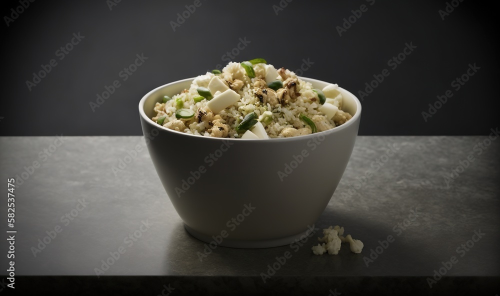  a white bowl filled with food on top of a table next to a black wall and a black table top with a b