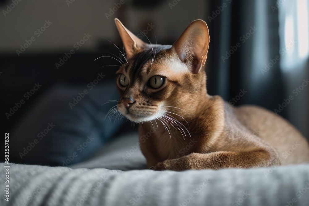 At home with her owner, an Abyssinian cat. Lovely purebred short haired kitten. Background, copy spa