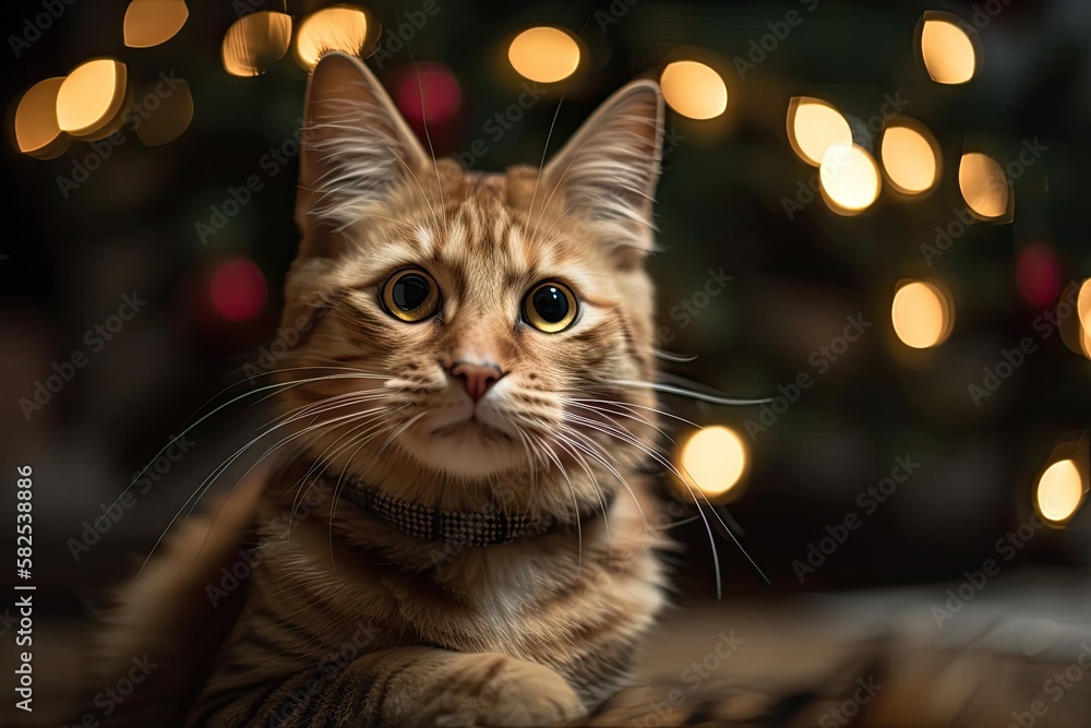 Cat seated in front of a Christmas tree and Christmas lights, with its mouth open. Golden bow adorne