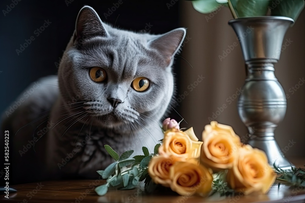 British cat consumes a bouquet. Generative AI